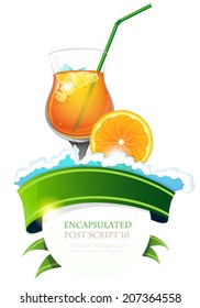  Cocktail with orange slice, ice cubes and green ribbon.