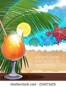 Cocktail with orange slice on bar counter. Tropical resort background