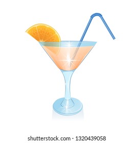 Cocktail with orange slice and with Straw for beverage, cocktail in cartoon style on white background