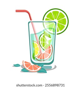 Cocktail of orange slices and grapefruit drink with straw and leaves. Vector illustration.