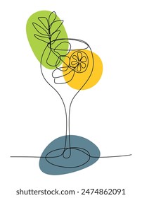 Cocktail Outline design. Continuous One line drawing of Mojito drink. Editable stroke. Vector Line art Illustration with abstract color Shapes Isolated on White background. Alcoholic beverage in Bar
