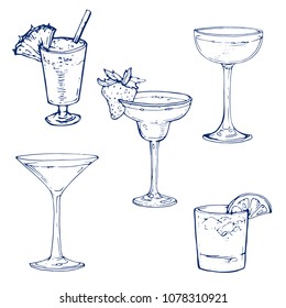 Cocktail outline ink drawing hand drawn sketch vector illustration isolated on white background