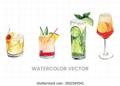 Cocktail painted in watercolor on a white background.