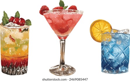 Cocktail painted in watercolor on a white background