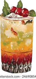 Cocktail painted in watercolor on a white background