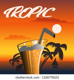 cocktail and palm trees on tropical sky background