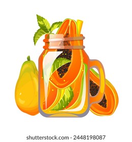 Cocktail with papaya. Refreshing drink in a can with papaya. Summer juice with papaya. Smoothie with fresh fruit. Lemonade with papaya. Vector illustration.