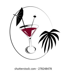 Cocktail with paper umbrella and olive on stick