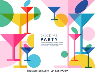 Cocktail party abstract color block geometric white background. Vector flat multicolor margarita drinking glasses illustration. Banner, poster, flyer, bar alcohol list menu design elements