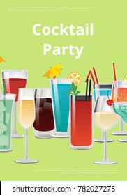 Cocktail party advertising poster with alcoholic drinks in beautiful decorated glasses. Vector illustration of ad about event on green background