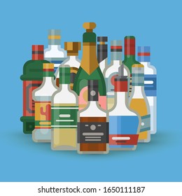 Cocktail party alcohol bottles vector illustration. Bar menu poster. Invitation Card with bottles of whiskey, scotch, vodka and apperitive. Alcoholic bottles background. Strong alcohol list design.