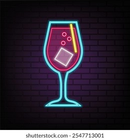 Cocktail party background. Vector illustration of abstract glowing neon colored different cocktail glasses over blue background for your design.