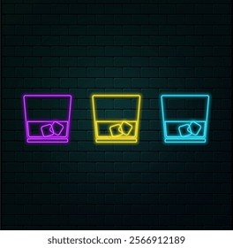 Cocktail party background. Vector illustration of abstract glowing neon colored different cocktail glasses over blue background for your design.