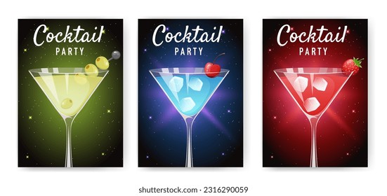 Cocktail party banner, poster, flyer, invitation with different type of drinks.