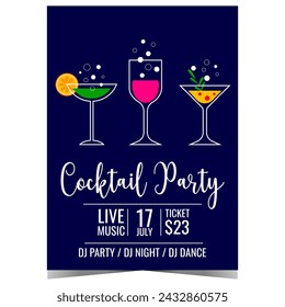 Cocktail party banner or poster template for networking or business reception with aperitif and alcohol drinks. Vector invitation leaflet or flyer with glasses full of various beverage with bubbles.