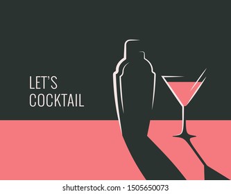 Cocktail party banner. Shaker with cocktail glass on red and black background