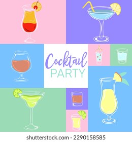 Cocktail party banner with summer cocktails. Motivational print for poster, textile, card. Summer holidays and travel concept. Vector illustration