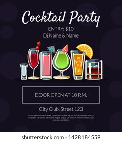 Cocktail Party Banner Template with Place for Text, Bar, Restaurant, Cafe, Party Invitation, Card, Flyer Vector Illustration