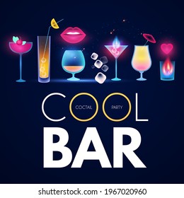 Cocktail party and bar shining design template with glasses, bottle, froots and ice.