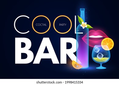 Cocktail party and bar shining design template with glasses, bottle, froots and ice.