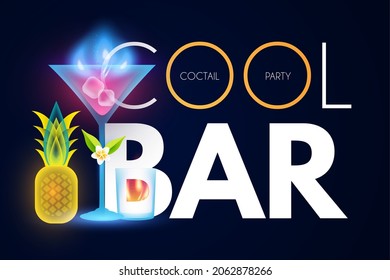 Cocktail party and bar shining design template with glasses, bottle, froots and ice.