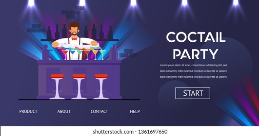 Cocktail Party Bartender at Counter Bar Preparing Alcohol Drinks Vector Illustration. Man Professional Barman Mix Shake Alcohol Make Beverage Pour Glass at Night Club Pub Restaurant