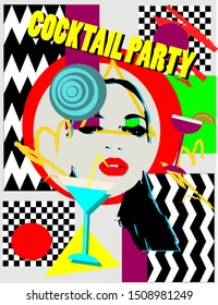 Cocktail party with a beautiful  girl, colorful pop art background