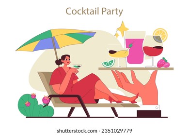 Cocktail party. Beautiful girl holding a glass of alcohol at celebratory event. Summer vacation relaxation. Woman lying on a deck chair. Flat vector illustration