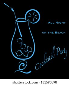 Cocktail party. Blue silhouette of alcohol cocktail in glass with straw, ice cubes and lemon slice on black. Vector eps10 illustration. Raster file included in portfolio