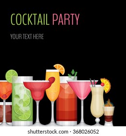 Cocktail party card. Cocktail bar flyer. Flat design style, vector illustration.