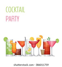 Cocktail party card. Cocktail bar flyer. Flat design style, vector illustration.