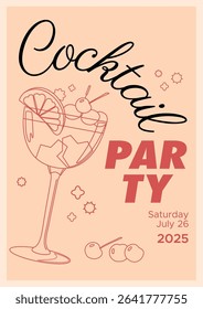 Cocktail party card with cocktails and berries on beige background. Vector template for greeting.