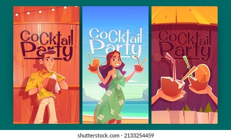 Cocktail party cartoon posters, invitation flyers with smiling woman wearing summer dress holding coconut drinks and barman wipe cup. Vector promo cards for exotic hawaiian beach resort bar recreation