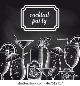Cocktail party chalkboard background with hand drawn drinks vector