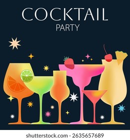 Cocktail party. Colorful cocktails on dark background. Vector illustration