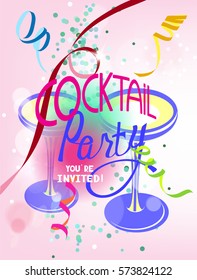 Cocktail party colorful flat vector illustration with glasses of shampagne, confetti,serpentine