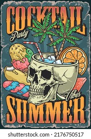 Cocktail party colorful vintage flyer summer booze in skull and ice cream for hot vacation in tropical climate vector illustration