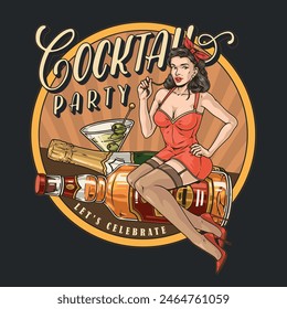 Cocktail party colorful vintage sticker with bottles whiskey and champagne near pinup girl for advertising alcohol in magazine vector illustration