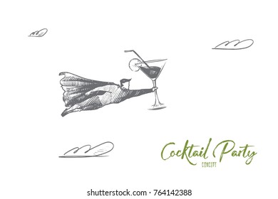 Cocktail party concept. Hand drawn superhero with alcohol drink in his hand. Flying hero holds glass with cocktail isolated vector illustration.