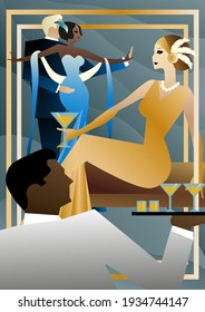 Fiesta de cócteles con baile. Estilo Noir. Años 1920. Afiche Art Deco