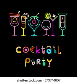 Cocktail party - decorative text architecture on a black background. Cocktail party invitation vector poster.