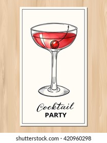 Cocktail party design template. Hand drawn cocktail with cherry. Eps10 vector illustration.