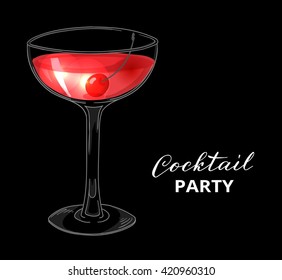 Cocktail party design template. Hand drawn cocktail with cherry on dark background. Eps 10 vector illustration.