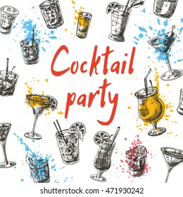 Cocktail party drink card. Hand drawn vector illustration.Can be used for menu, cafe, restaurant, bar, poster, banner, emblem, sticker, placard and other design.