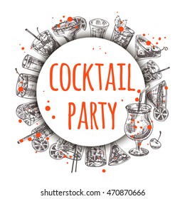 Cocktail party drink card. Round circle composition. Hand drawn vector illustration.Can be used for menu, cafe, restaurant, bar, poster, banner, emblem, sticker, placard and other design.