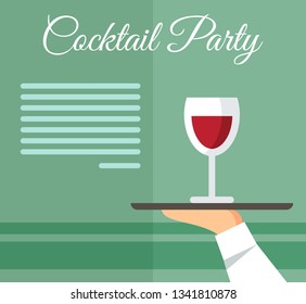 Cocktail Party Drinks Flat Vector Menu Layout. Event Celebration Calligraphy Lettering. Sommelier, Waiter Hand holding Wine Glass on Serving Tray. Catering Service Banner, Poster. Wine Card, Menu