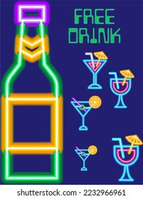 Cocktail party drinks in neon, vector