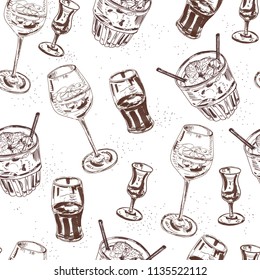 Cocktail party drinks seamless vector pattern. Ink vintage style hand sketch.