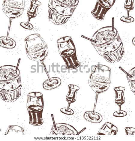 Cocktail party drinks seamless vector pattern. Ink vintage style hand sketch.