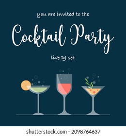 Cocktail party editable invite brochure. Discotheque or bar banner template with alcoholic cocktail drinks in glasses. Event invitation flyer design concept. Vector illustration.